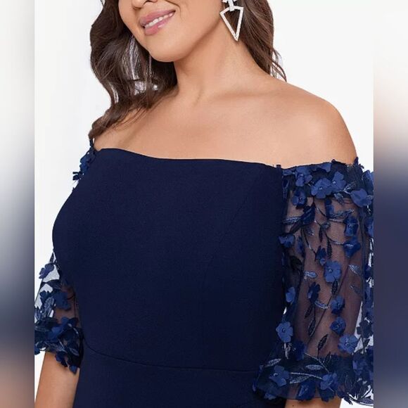 XSCAPE Plus Size Off-The-Shoulder Embellished-Sleeve Gown NWT sz 16 Blue - Picture 3 of 7